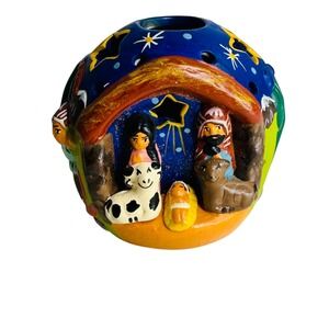 Mexican Pottery Nativity Scene Candle‎ Holder Hand Painted Colorful Folk Art